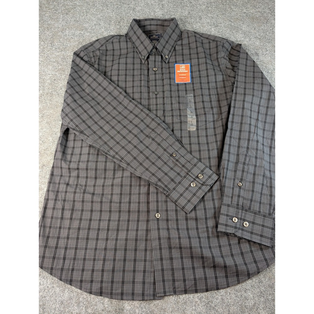 Dockers Mens Stain Defender Plaid Button Down Shirt Black Grey Large 16-16.5 NWT